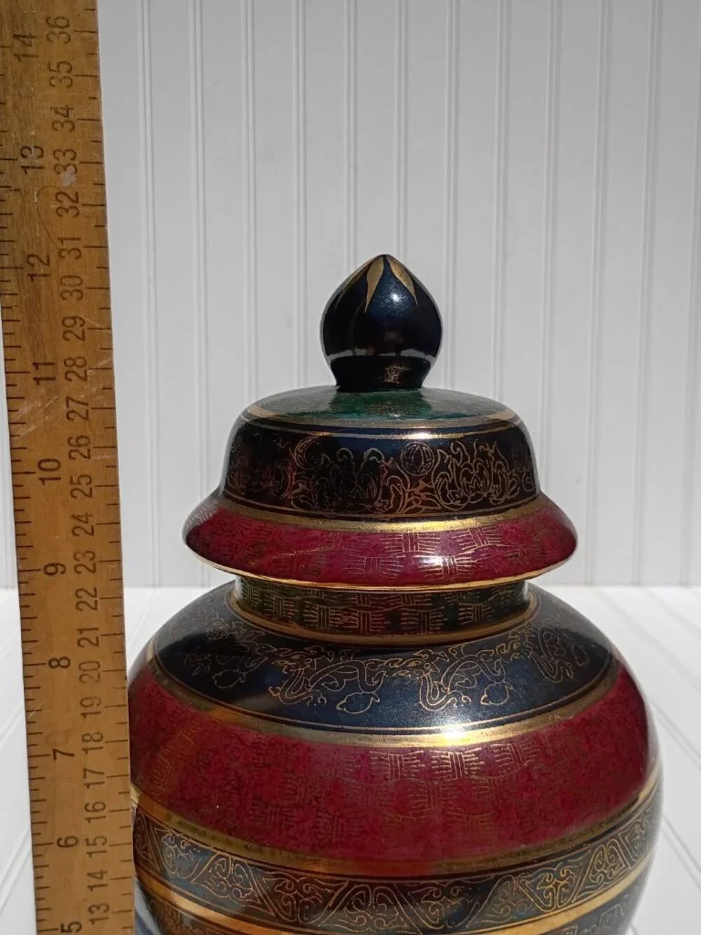 Vintage Andrea by Sadek Porcelain Ginger Jar Lidded Vase Maroon Stripe Gold Gilt